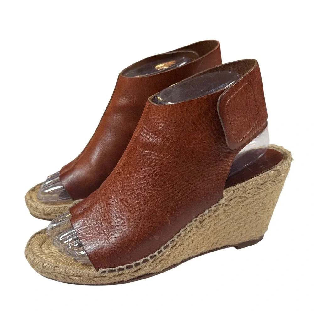Celine Slingback Brown Leather Espadrille Wedge Sandals Open Toe Ankle Strap 38g
